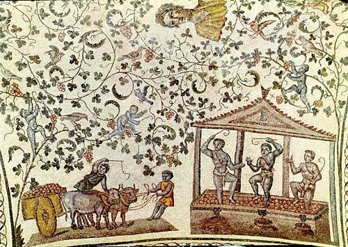 Detail of the grape harvest from the mosaics in the vault in St.