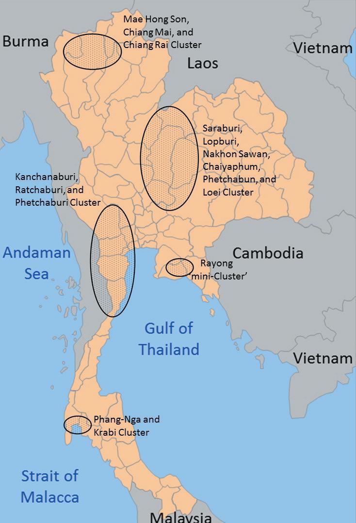 few areas with sandstone and laterite hills/mountains and rivers and streams these have cut overhangs, some approaching caves or grottoes (e.g. along the Mae Khong river on the border to Laos PDR).