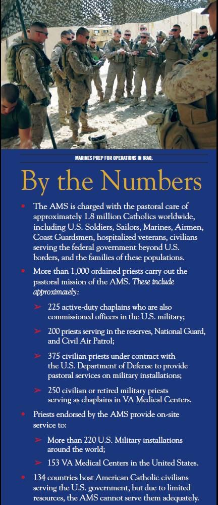 The AMS relies solely on private donors in support of its mission, Serving Those Who Serve and its ministry to provide the same pastoral care and services to Catholics serving in the U.S. Armed Forces, enrolled in U.