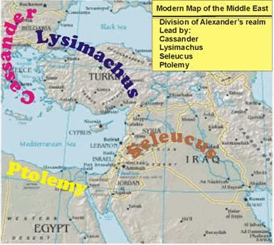 Cassander had Macedonia and Greece in the west; Lysimachus had Thrace and the parts of Asia on the Hellespont and the Bosphorus in the north; Ptolemy received Egypt, Lydia, Arabia, Palestine, and