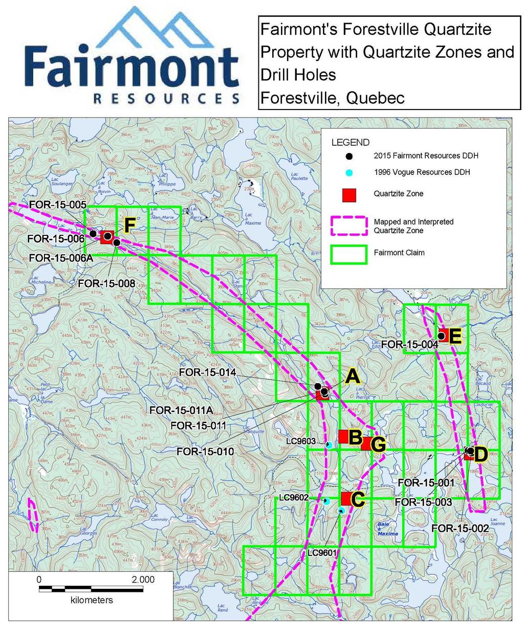 Map 1 Fairmont's Forestville Quartzite Property with Quartzite Zones and Drillholes Table 1 Quartzite Intersection in 2015 Drill Holes Hole Name Easting Northing Az.