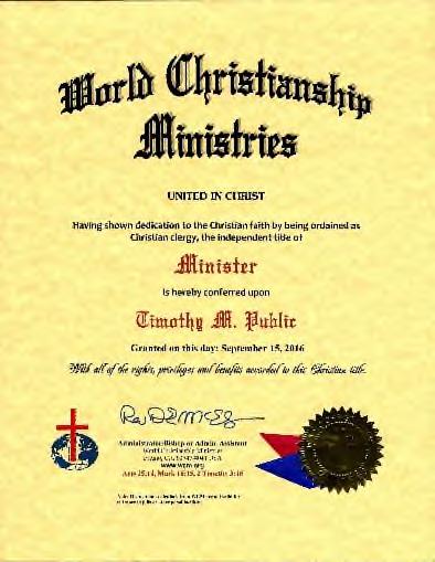 Certificate Examples Certificate of Ordination Title Certificate Doctor of Divinity Church Charter