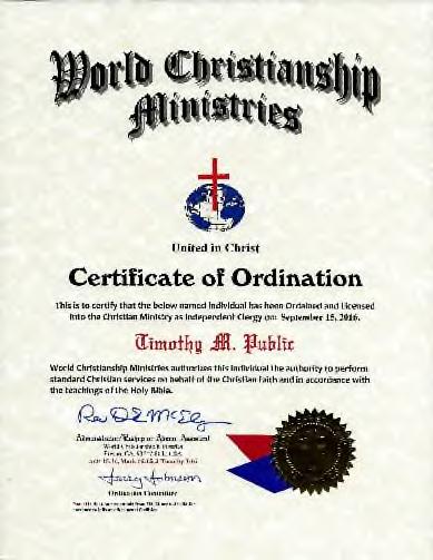 Laminated Card World Christianship Ministries South Lake Tahoe, CA 96151 All Certificates measure 8½