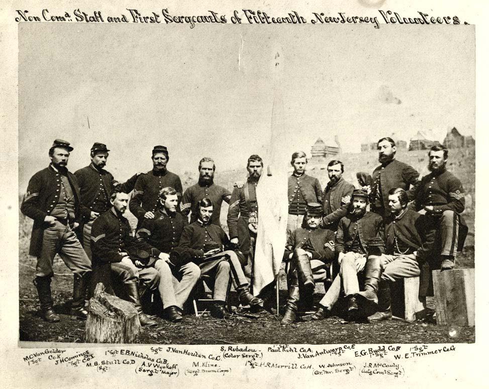 "Non-Commissioned Staff and First Sergeants of Fifteenth New Jersey Volunteers" Sgt. Paul Kuhl is in the back row standing fourth from the right.