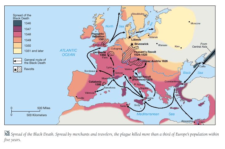 at the new location; spreading the disease. The Bubonic Plague would kill 25-30% of the European population, roughly 10 million people between 1346-1350.