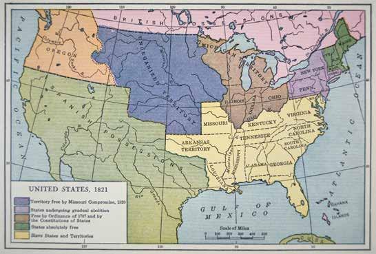 The map shows the United States and surrounding areas in 1821. The pink area in the north is Canada. The light green area in the southwest is Mexico.