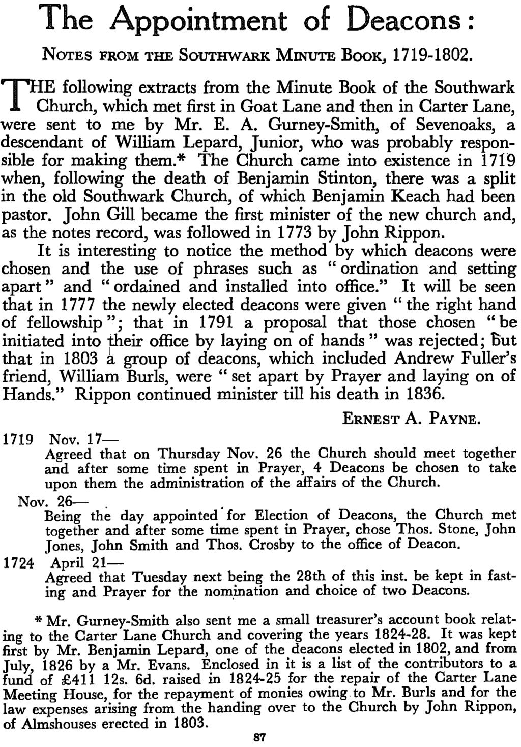 The Appointment of Deacons: NOTES FROM THE SOUTHWARK MINUTE BOOK, 1719-1802.