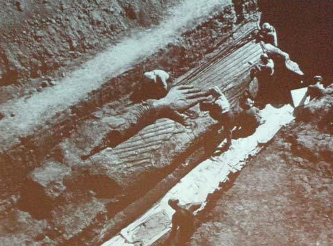Fig. 4. The Ajina-Tepa Parinirvana Buddhia during excavation (after slide from presentation by Vera Fominikh). Ajina-Tepa in Tajikistan was restored (Fominikh 2003) [Fig. 4].