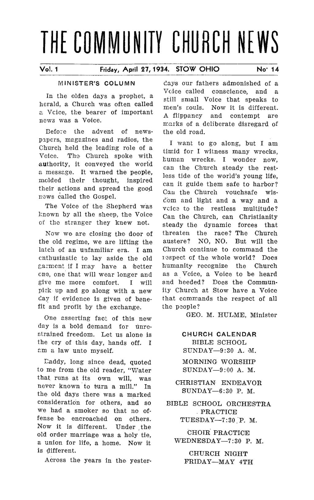THE COMMUNITY -CHURCH NEWS Vol. 1 Friday, April 13, 1934. STOW OHIO No.