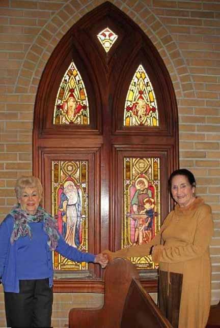 The Albanac 6 New Stained Glass Window Dodie Pritchard (left) and Barbara Ramsay stand before the new stained glass window donated by Barbara in