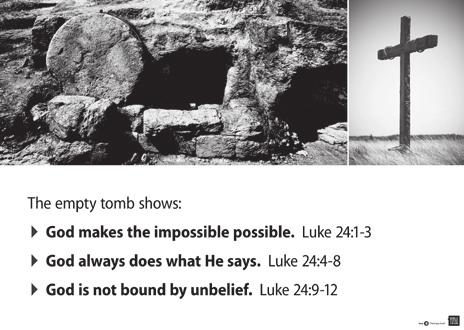 5 minutes LIVE IT OUT Notes LEADER PACK: Divide your group into subgroups of three to four people each. Display Pack Item #4, The Empty Tomb poster, and ask: Which truth do you find most meaningful?