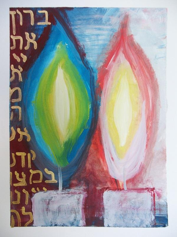 Lighting the Candles Baruch Ata Adonai Eloheinu Melech ha olam asher kid shanu b mitzvotav v tzivanu l hadlik ner shel Yom Tov.