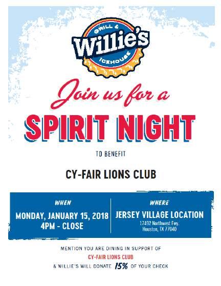 ! Upcoming Events Wed. Jan. 3, 2018, PSC meeting, China Bear Tues. Jan. 9, 2018, Lions Club meeting Mon. Jan. 15, 2018, 4:30 PM to closing, Lions Spirit Night at Willy s Grill and Ice House at Jones Road and Hwy.