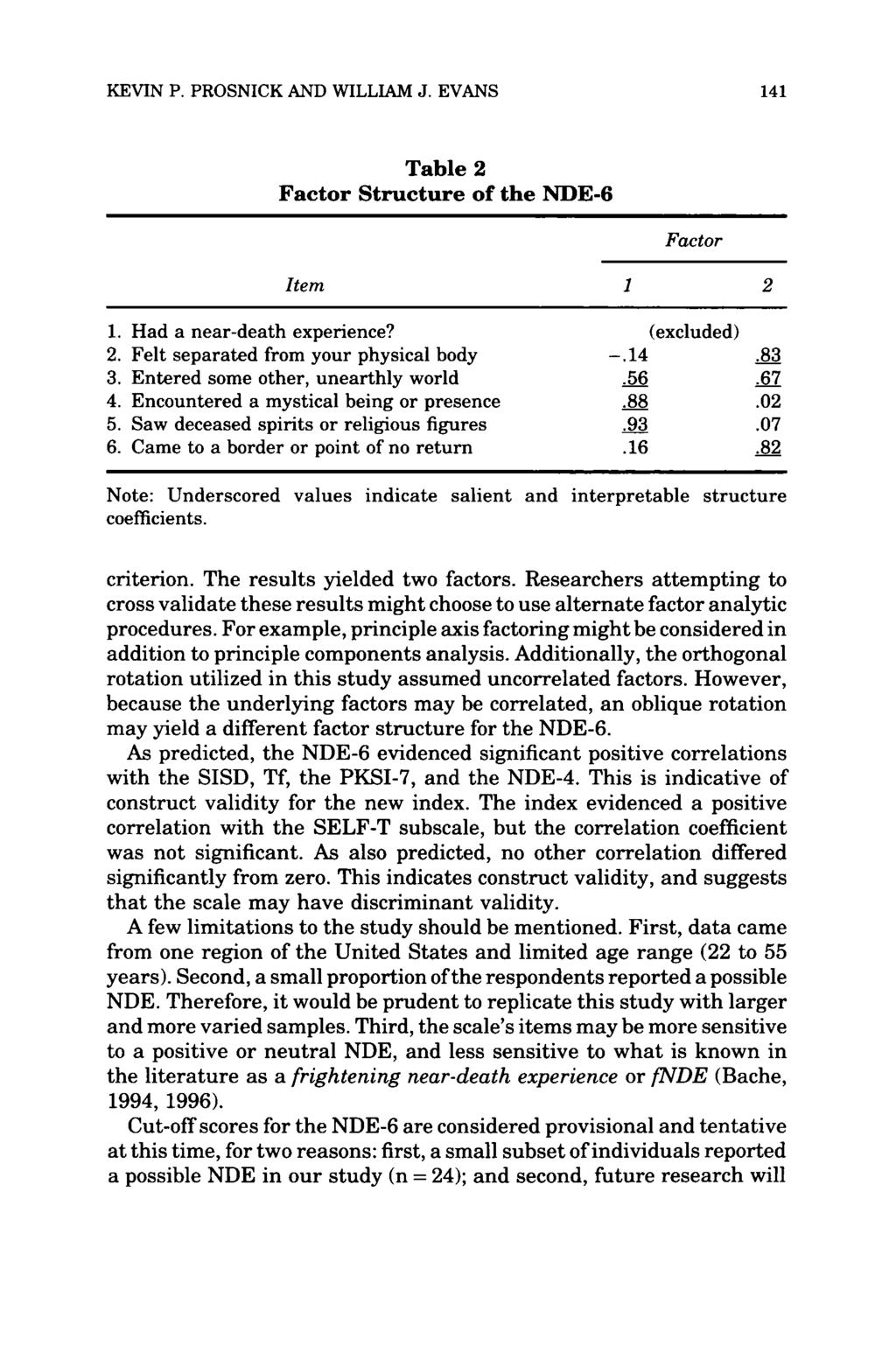KEVIN P. PROSNICK AND WILLIAM J. EVANS 141 Table 2 Factor Structure of the NDE-6 Factor Item 1 2 1. Had a near-death experience? (excluded) 2. Felt separated from your physical body -. 14.83 3.