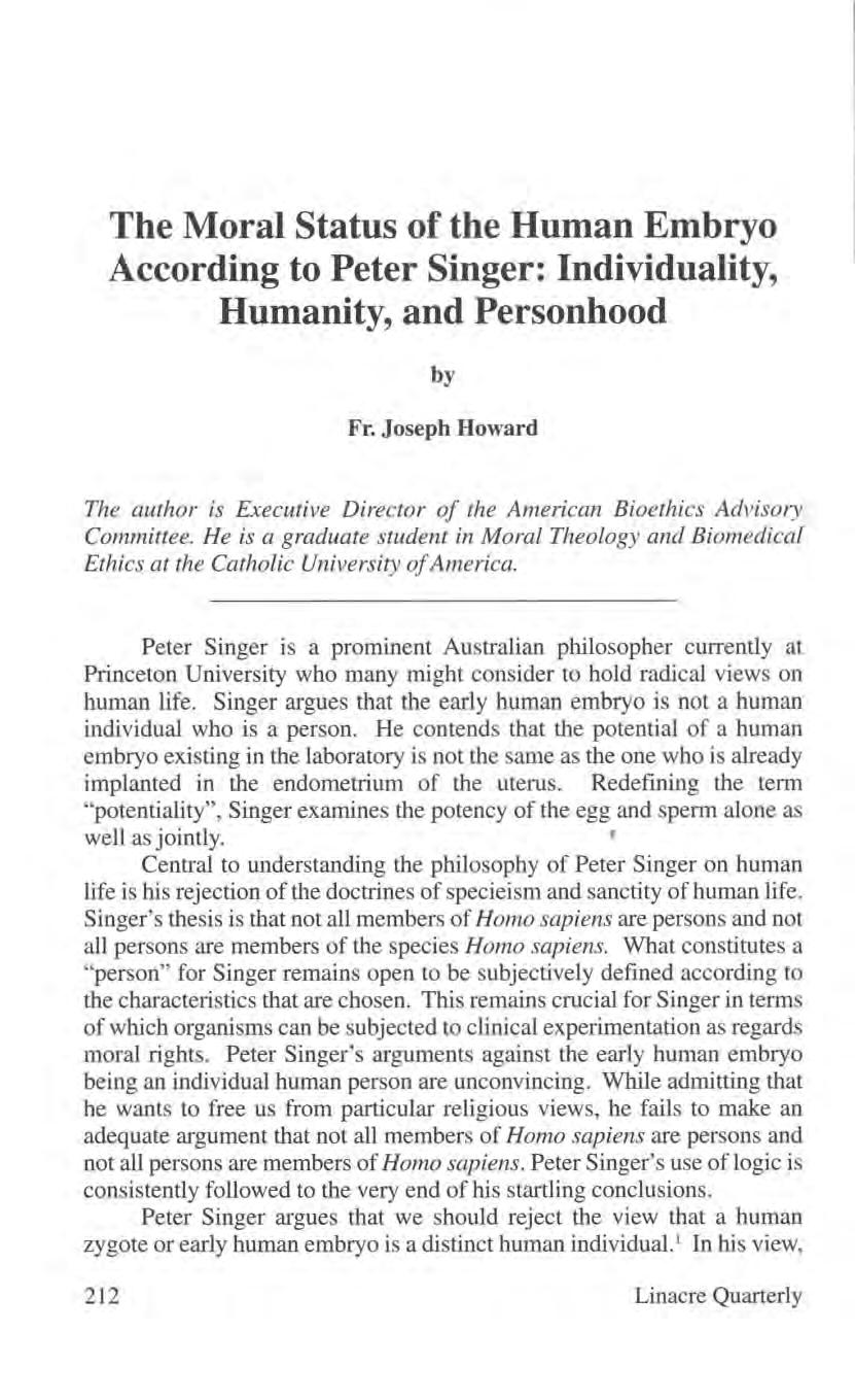 The Moral Status of the Human Embryo According to Peter Singer: Individuality, Humanity, and Personhood by Fr.