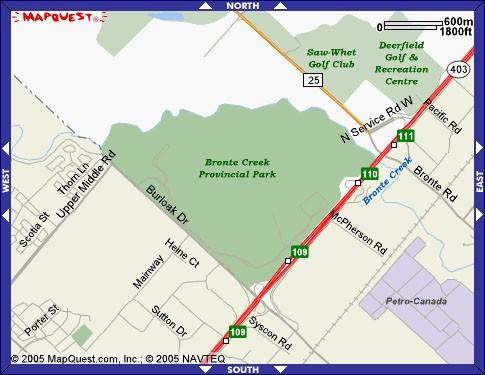 to Burloak Drive (Exit 109) Go North (away from Lake Ontario) for one kilometer Park entrance will be on the