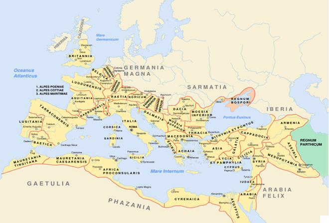 The Roman Empire at its peak is shown in yellow Note that all of the names are in Latin By 200 B.C. Rome s new strength was rising in the central Mediterranean. By the 2 nd century B.C. it was growing into a major power.