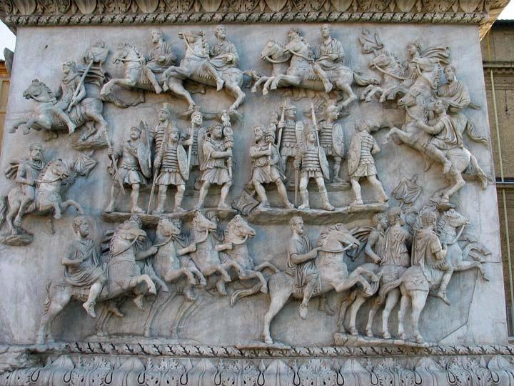 The Column Base of Antoninus Pius, AD 161 in the 2 identical military reviews a group of horsemen are riding in a circle around a group of infantrymen who stand