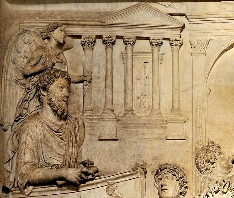 Marcus Aurelius in his triumph, ca. 176-180 The other reliefs show M. A. distributing largesse to the poor, as well as an adventus, profectio, and adlocutio, the emperor receiving barbarian suppliants and reviewing prisoners.