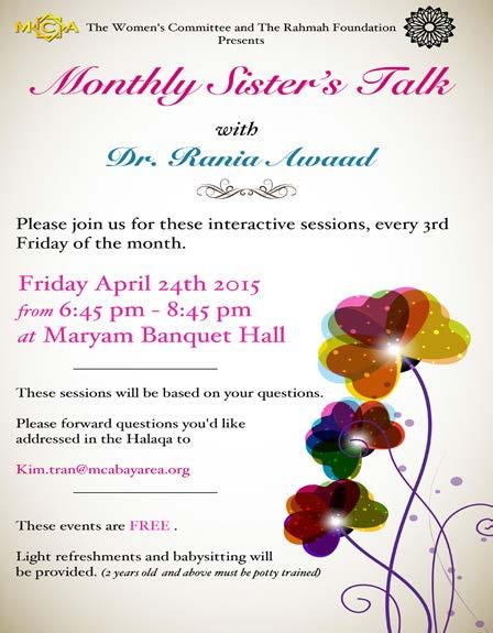 Monthly Sisters Talk TONIGHT MCA Dawah Presents.