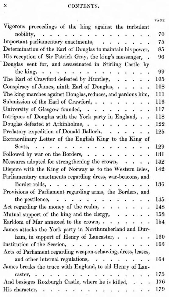 X CONTENTS. Vigorous proceedings of the king against the turbulent nobility.... Important parliamentary enactments.... Determination of the Earl of Douglas to maintain his power.
