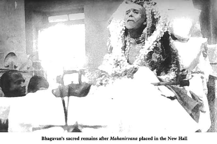 December 30, 1879 April 14, 1950 The photo is after keeping the mortal remains of Bhagavan Ramana,in a sitting position and many people garlanded Him and applied sandal paste and vibhuti.