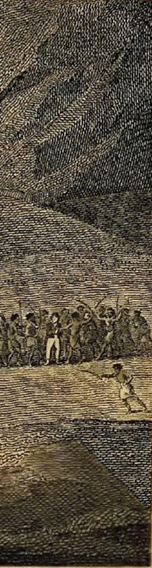Bottom Left: A sketch from An Authentic Narrative of the Loss of the American Brig Commerce shows Captain James Riley escaping from the Native Arabs on the Coast of Africa with the Brig Commerce in