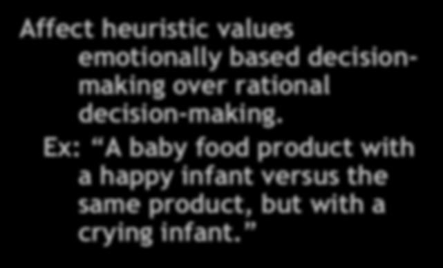 Affect Heuristic 2 Affect heuristic values emotionally based decisionmaking over rational decision-making.