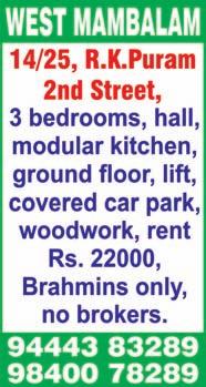 ft, 2 nd floor, no lift, semi furnished, East facing, 1-in-5 flats, 2-wheeler parking, 7 years old price Rs. 9000 per sq.ft (negotiable). Ph: 97908 04588.