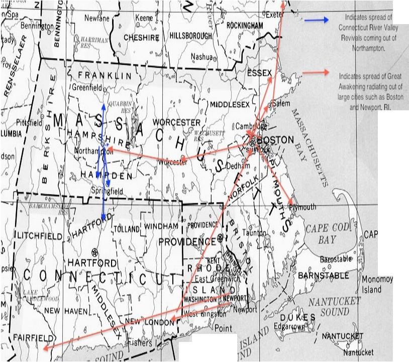 E COO Judi th Block lh R.fJ09 (This map demonstrates the geographic span as well as the sources for both the 1735 revival and The Great Awakening.