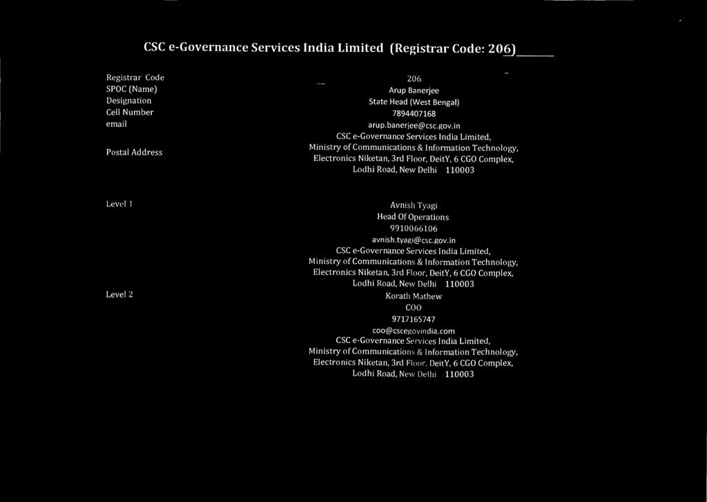 in CSC e-governance Services India Limited, Postal Address Ministry of Communications & Information Technology, Electronics Niketan, 3rd Floor, DeitY, 6