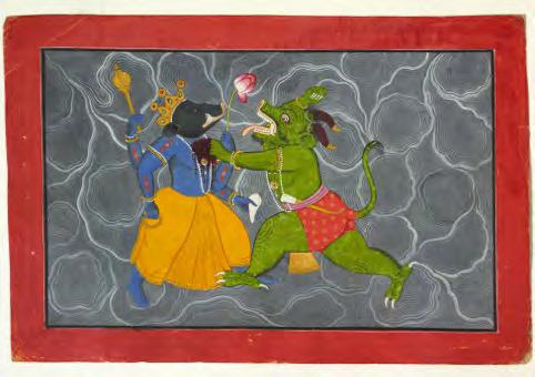 HINDU_Vishnu Guler was one of the major centers of Pahari art in the 18 th century. The fight between Varaha and Hiranyakashipu, indicates some of the diversity of mythological topics covered.