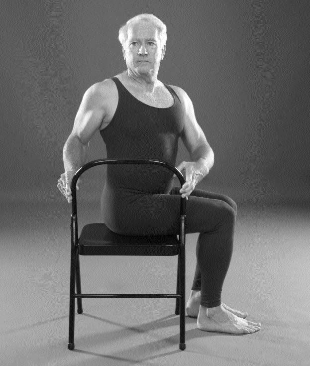 THE ESSENTIAL SELF 73 Chair Twist Posture For this posture, you need a chair with a flat seat and a backrest. Sit so that the right side of your body faces the back of the chair.