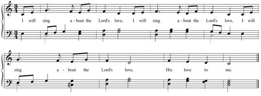 Lesson 2 PSALM 89:1 I Will Sing RENÉ ALEXENKO EVANS I will sing about the Lord s love, (Hands beside mouth.) } repeat 2 times (Cross arms over chest.