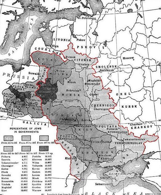 Map Showing the Percentage of Jews in the Pale of Settlement and Congress Poland. 1905. Wikimedia Commons. Web. 12 May 2014.