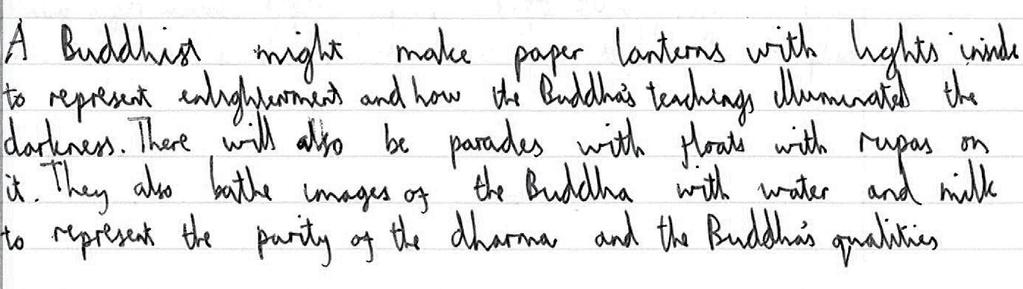Candidate 1 Question 2 (a) Describe how a Buddhist might celebrate Wesak. [3] AO1 3 marks This question is point marked.