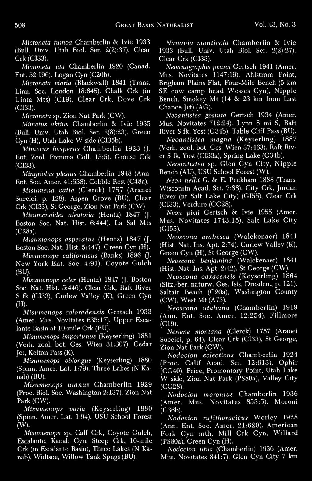 Minietus aktius Chamberlin & Ivie 1935 (Bull. Univ. Utah Biol. Ser. 2(8) :23). Green Cyn (H), Utah Lake W side (CI35b). Mimetus hesperus Chamberlin 1923 (J. Ent. Zool. Pomona Coll. 15:5).