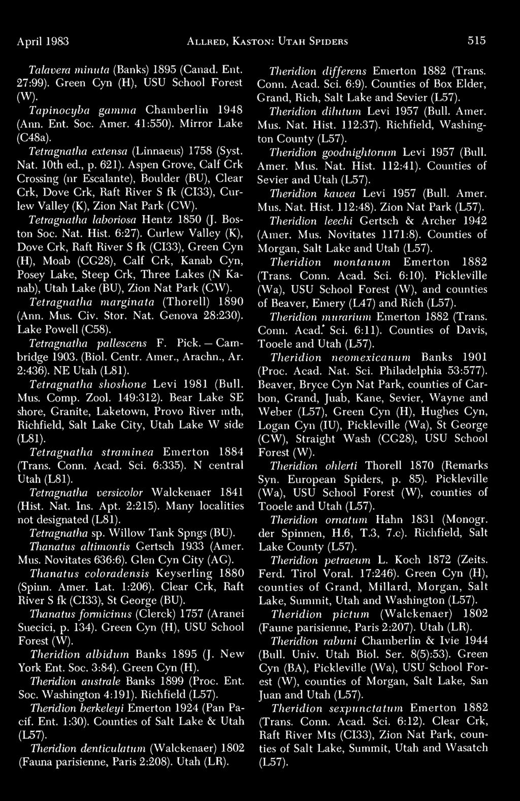 April 1983 Allred, Kaston: Utah Spiders 515 Talavera mintita (Banks) 1895 (Canad. Ent. 27:99). Green Cyn (H), USU School Forest (W). Tapinocyba gamma Chamberlin 1948 (Ann. Ent. Soc. Amer. 41:550).