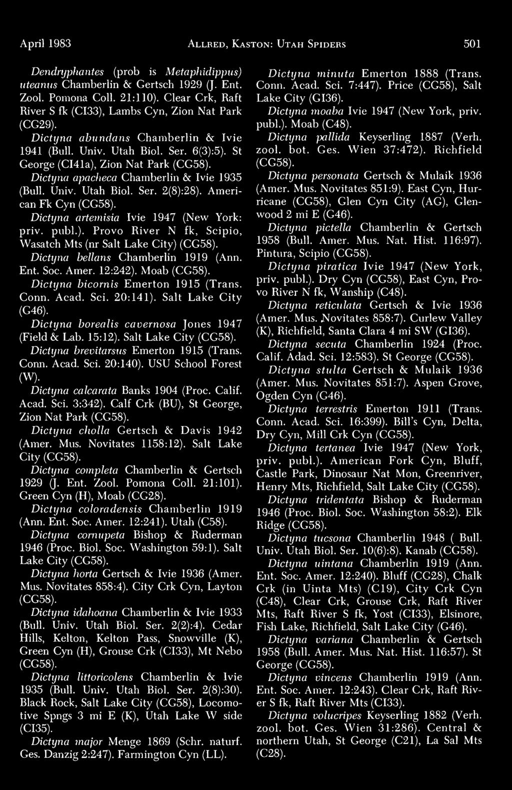 Dictyna apacheca Chamberlin & Ivie 1935 (Bull. Univ. Utah Biol. Ser. 2(8):28). American Fk Cyn (CG58). Dictyna artemisia Ivie 1947 (New York: priv. publ.). Provo River N fk, Scipio, Wasatch Mts (nr Salt Lake City) (CG58).