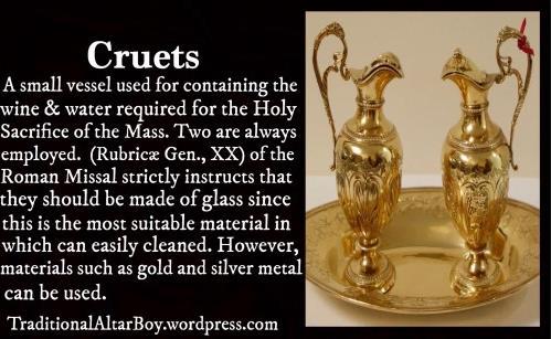 12. Presenting the Cruets: The altar server takes the cruets from the credence table holding them from the base, handles facing outward, away from the server. (How to Serve pg. 18) 13.