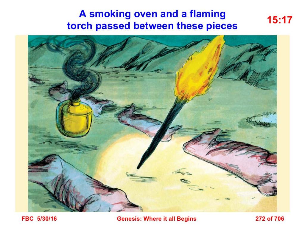 17 It came about when the sun had set, that it was very dark, and behold, there appeared a smoking oven and a flaming torch which passed between these pieces (Gen. 15:17).