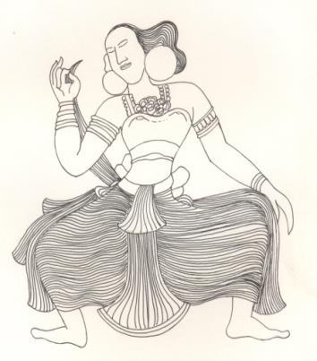 Traditionally the lower dress of dancer composed with loose wrapped cloth with wads of pleats.