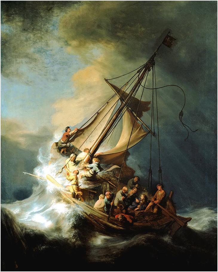 The Storm on the Sea of Galilee is a painting from 1633 by the Dutch Golden Age painter Rembrandt van Rijn, Oil on canvas, 160 x 128 cm, Isabella Stewart Gardner