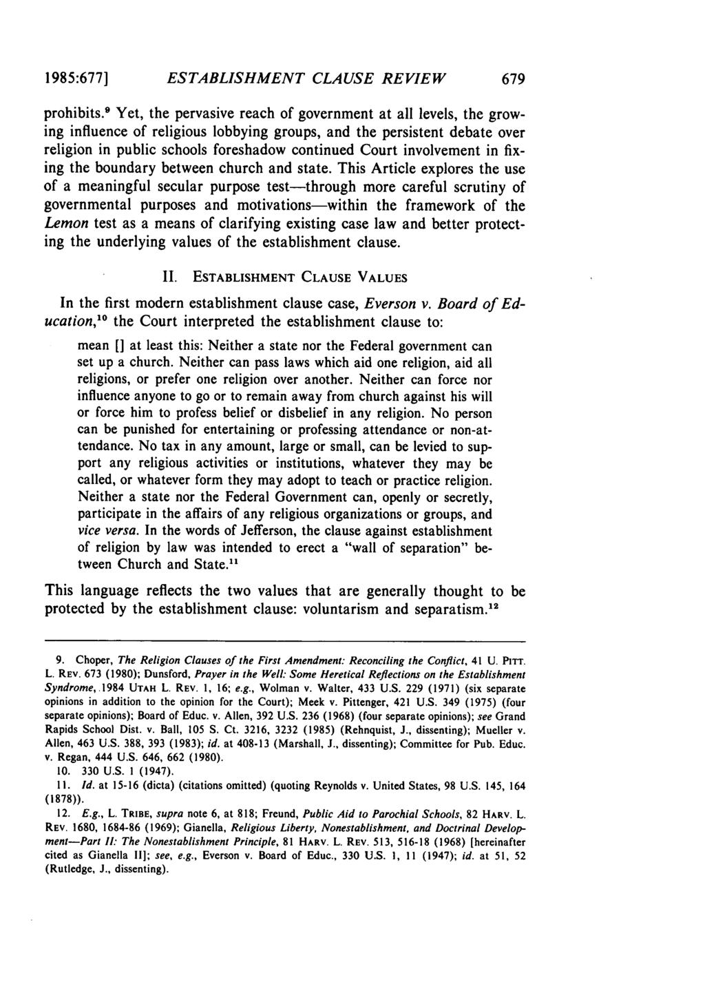 1985:677] ESTABLISHMENT CLAUSE REVIEW prohibits.
