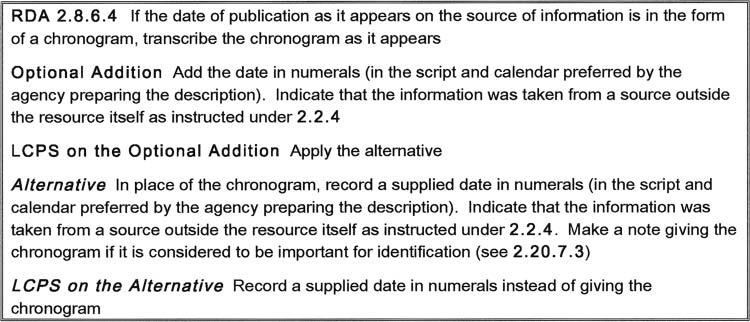 The RDA Test and Hebraica Cataloging 689 FIGURE 8 RDA 2.8.6.4, Option, Alternative, and LCPSs. and authors trying to outdo one another in encryption.