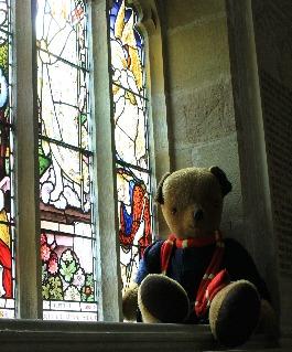 5. Window The Pilgrims Trail Teddy Horsley stands very still in the church.