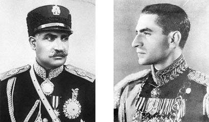 1920s photo of Shah Reza Pahlavi (left), and Shah Mohammad Reza Pahlavi, 1942 (right).