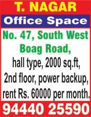 ft, ground floor or 1 st floor with lift, car park, East/South/North facing in Ashok Nagar or West Mambalam. Budge Rs. 60 lakhs, no brokers. Ph: 72008 55713.