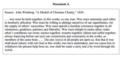 Document A: John Winthrop, "A Modell of Christian Charity," 1630.