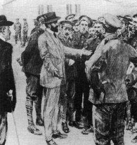 After 1900, neo-fenians made common cause with Germany. W. Hatherell s depiction shows Roger Casement recruiting among Irish POWs for Germany s Irish Brigade. Only 52 men answered the call.
